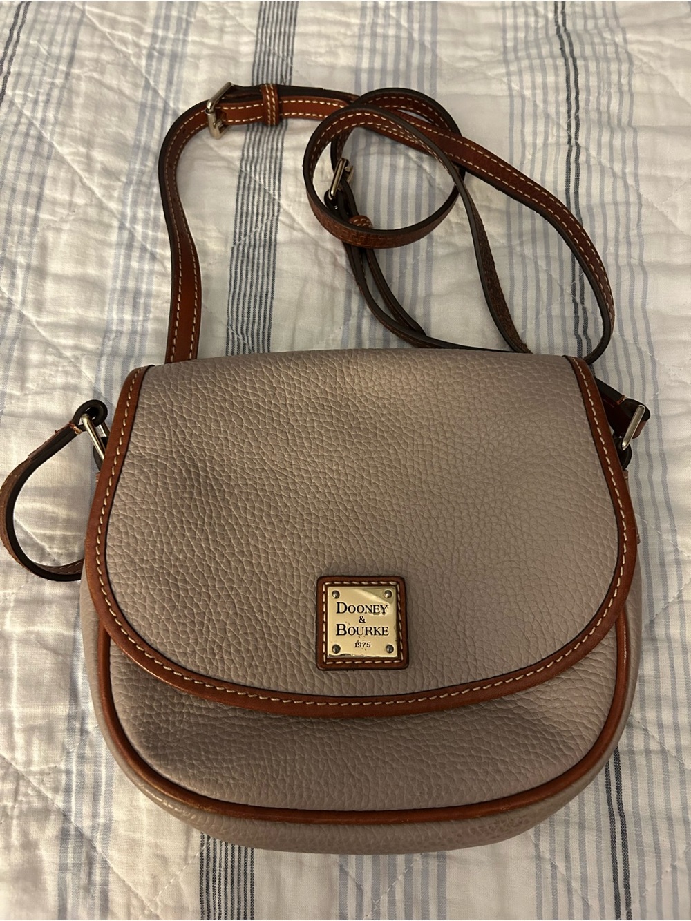 Dooney & Bourke Pebbled Leather Crossbody in Taupe with Brown Trim